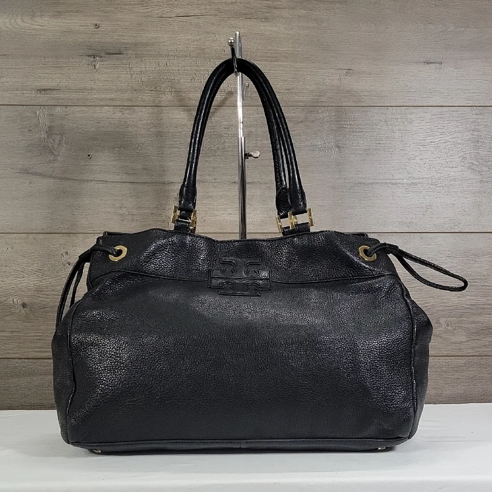 Tory Burch Classic Black Pebble Leather Tote Handbag